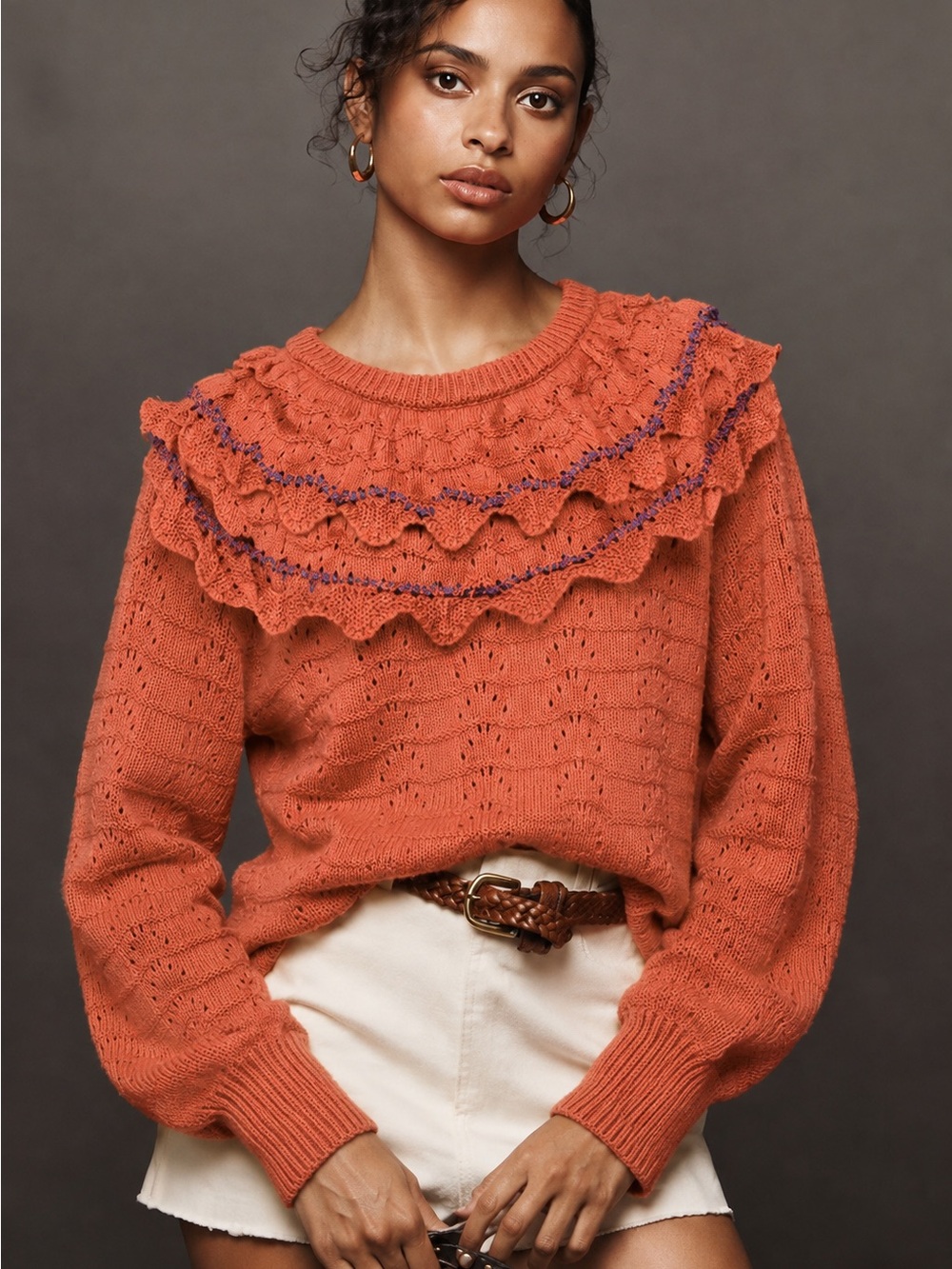 Andrew Marc Crochet Ruffle Yoke Sweater